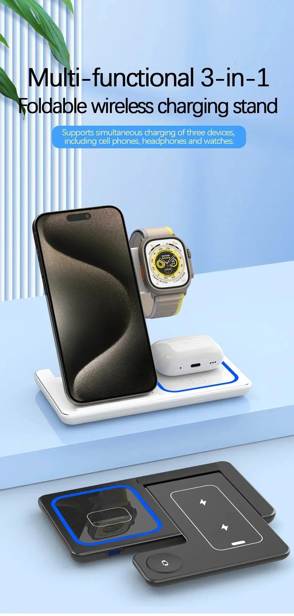 30W 3 in 1 Foldable Magnetic Wireless Charger Stand